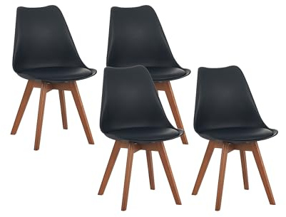 SAM 4er Set Esszimmerstuhl Lovelace, Schwarz, Stuhlbeine Nussbaumfarben | Sitzschale Kunststoff & Sitzpolster Kunstleder | Massivholz | 49 x 54 x 82 cm | Schalenstuhl skandinavischer Stil