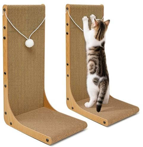 Markarbarka Value 2-Pack 23.6 Inch L-Shaped Cardboard Cat Scratcher, Dual Use (Vert/Horiz) Scratch Pad with Toy Balls, Wall-Mountable Furniture Protector Cat Scratchers for Indoor Cats