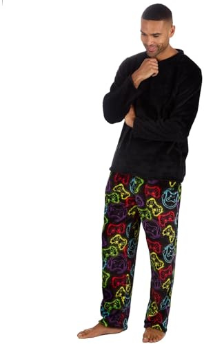 Style It Up Pigiama da uomo in peluche, caldo e accogliente, casual e confortevole per lui, disponibile in un'ampia gamma di taglie e colori, Nero Viola Gamer, L