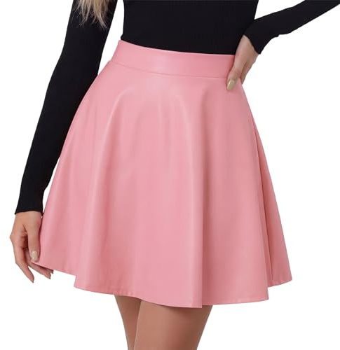 WERFORU Jupe en cuir pour femme - Mini jupe en cuir pour femme - Taille élastique - Ligne A - Jupe patineuse à enfiler, C-rose., M