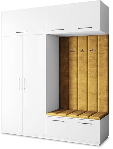 Masseno Flugarderoben Set Rema, Kleiderschrank-Set mit Sitzbank, Garderobenschrank Flur mit 5 Regalböden, Weiß