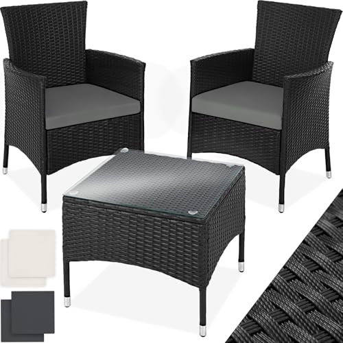 tectake® Poly Rattan Möbel Gartenset mit Wechselbezügen, 2 Stühle und Tisch mit Glasplatte, 2X Outdoor Lounge Sessel mit Armlehne und Gartentisch, Gartenmöbel Set, Balkonmöbel - schwarz