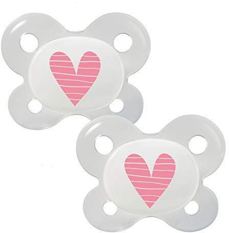Dentistar® Silikon Schnuller 2er-Set – Größe 0 für 0-2 Monate – Zahn- & kieferfreundlicher Silikonschnuller mit Dental-Stufe – Rosa mit Herz-Motiv – BPA-frei – Made in Germany