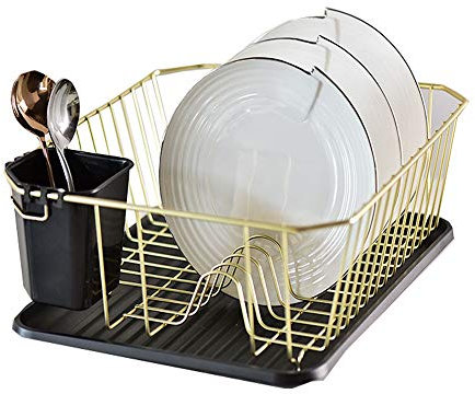 Abtropfgestell aus Edelstahl 304 Edelstahl Spülkorb Küchenabtropfgestell, Lagerregal, Geschirrtrockengestell, Küchenregal mit Essstäbchen Käfig und Tablett (36 × 32 × 12 cm, Gold)