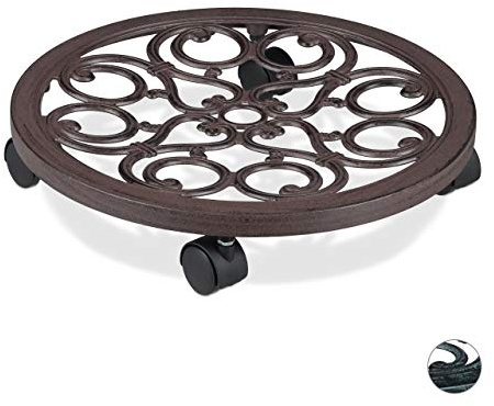Relaxdays Support Roulant Plantes Rond, Lot de 2, en métal, Plateau Roulant Pots à Fleurs, Aspect Antique, Brun