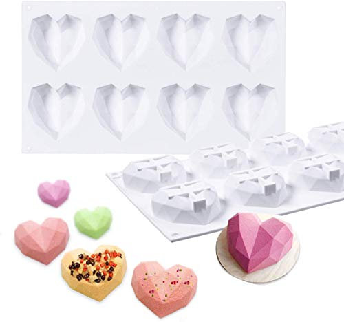YONII Bandeja de Molde de Pastel con Forma de Diamante de corazón de Silicona Molde de Postre con Mousse para decoración de Pasteles, fabricación de Dulces, Magdalenas, (8 Tazas)