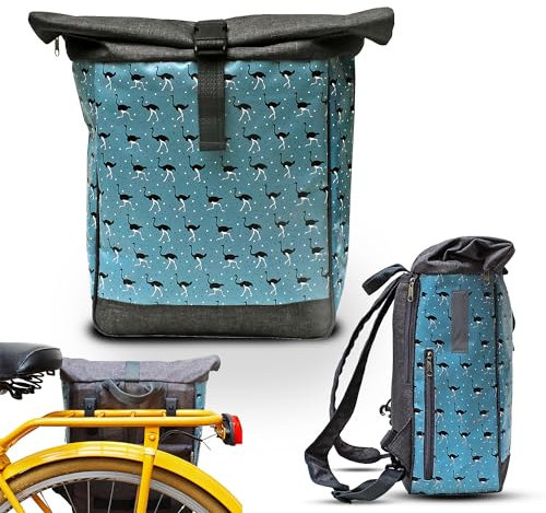 Ikuri Fahrradtasche/Rucksack Kombi Fahrradrucksack aus Plane für Gepäckträger Packtasche Wasserdicht für Frauen - Modell Avestruz
