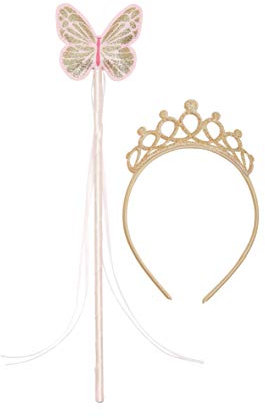 Talking Tables Butterfly Fairy Wand and Gold Princess Tiara Fancy Dress Accessories for Kid's Birthday, Costume Party, Gift for Girls, Glitter Crown, FAIRYDRESSUP, One