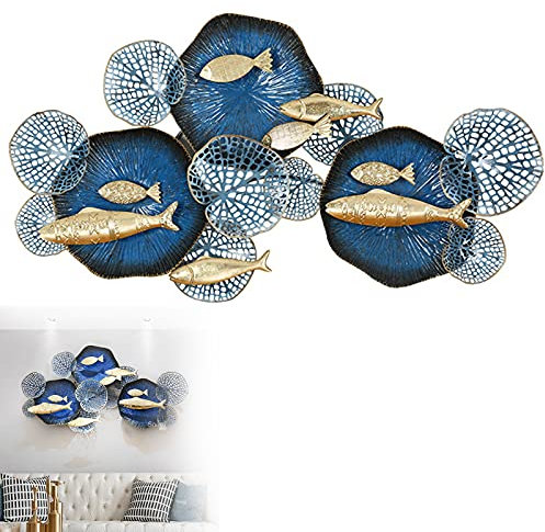 Wandskulptur Metall Fische, Luxus Metallbild Wandrelief Kreise Blau Rund Wandbild Modern Metall-Wanddekoration, 123x68cm / 48x27 Inch