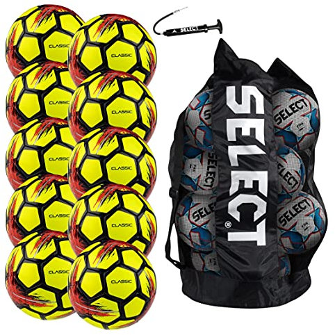 Select Classic Soccer Ball, 10-Ball Team Pack with Duffle Ball Bag and Ball Pump, Yellow V21, Size 3