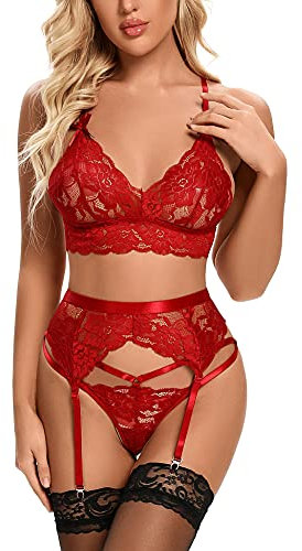 Aranmei Conjunto de lencería sexy para mujer con liguero, brasier de encaje de 3 piezas y bragas para mujer, body de babydoll travieso, rojo vino, XL