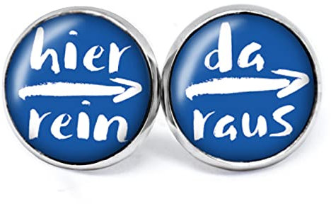JUANLOWE Hier rein, da raus Ohrringe mit Spruch, Damen Sprüche Ohrstecker (Blau)