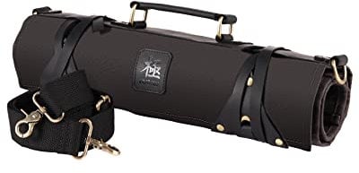 KYOKU Chef Knife Roll Bag, Kitchen Knife and Utensil Holder with 10 Slots 3 Cutlery Holders for Chef Knife Set, Oiled Leather and Waxed Canvas Knife Roll Up Travel Bag with Adjustable Strap, Black