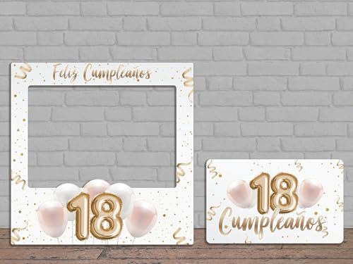 Oedim Photocall + Cartel Feliz 18 Cumpleaños Blanco, 80x80cm, 61x37,5cm, Photocall Decorativo para Eventos o Celebraciones puntuales
