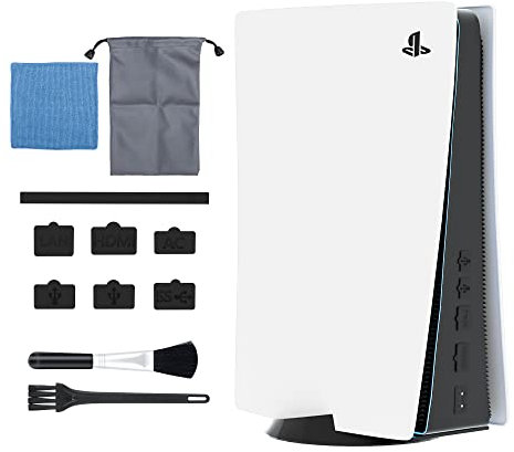 FUNDIARY Dust Plug Kit for PS5 Console, Silicone Dust Protector and Cleaning Accessories for PS5, 7 Port Dustproof Plugs, 2 Brushes, 1 Rag and 1 Drawstring Accessories Storage Bag - White