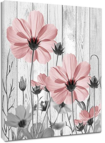 MEUNEAR Leinwandbild, rosa Blumenmuster, lustige Landblumen, rosa und graue Blume auf Holz, Wandkunst für Wohnzimmer, rustikales Vintage-gerahmtes abstraktes Gemälde für Schlafzimmer, Badezimmer,