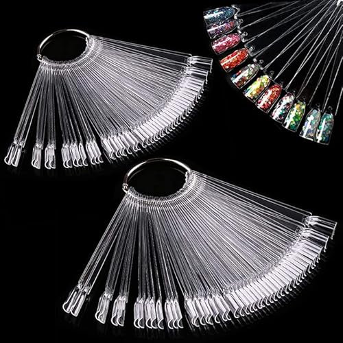 Nail Colour Display Clear Nail Swatch Sticks, Salon Nails Display Tips, Nail Samples Sticks for Nails Art Design Nails Practice | Fan Shape, with Metal Ring, Pack of 100