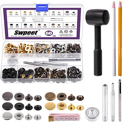 Swpeet Leder Schnappverschlüsse Kit Swpeet 60 Sets 15mm Leder Druckknöpfe mit 4Pcs Befestigungswerkzeug und Plastikhammer Sortiment Kit, Handwerk Snap Leder Druckknöpfe Metall Druckknöpfe Metall