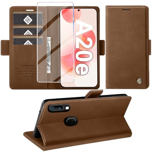 Giyer Handyhülle für Samsung Galaxy A20e Hülle mit Displayschutzfolie, Schutzhülle Galaxy A20e/A10e PU Leder Wallet Flip Case Standfunktion Kartenfach Klapphülle für Samsung A20e Cover (Braun)