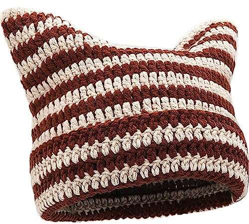 XYIYI Braun Beige Häkelmützen für Frauen Katze Ohr Stricken Hut Vintage Beanie Grunge Zubehör Slouchy Mützen für Frauen