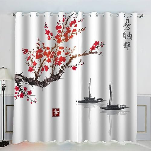 AKATIE Rideau Style Japonais Fleurs Art Japonais Rideau Thermique Isolant Anti Froid Rideau Occultant Oeillet 2 Pièces Opaque Salon Maison Décoration Rideaux Polyester (234x183 cm)