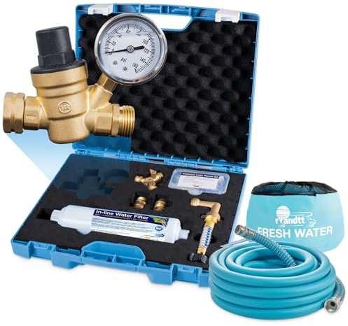 rVandtt RV Fresh Water Kit w/Drinking Hose - RV Water Pressure Regulator, Filter, Hose Connectors, Leak Repair Kit, Carrying Case, 35' Drinking Water Hose