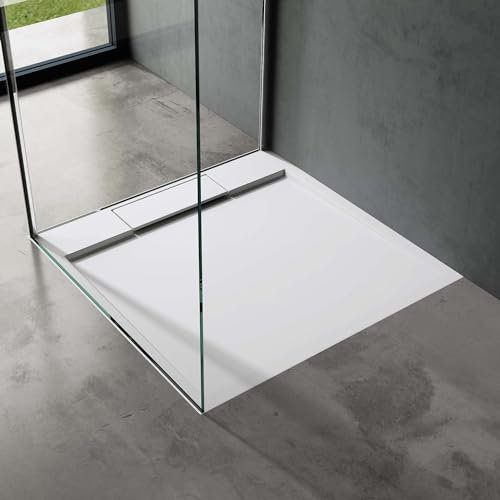 doporro Duschtasse Duschwanne 90x90x4 flach Mineralguss in Weiß inkl. Ablaufgarnitur AL02 DIN-Anschlüsse für bodenebene Montage geeignet Geoma04