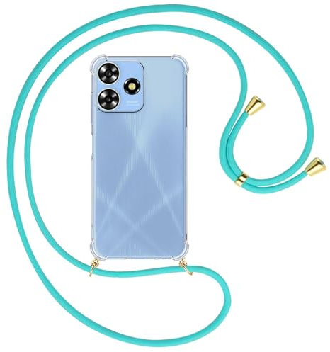 mtb more energy® Handykette kompatibel mit ZTE Blade A73 4G - türkis/Goldfarbene Ösen - Smartphone Hülle zum Umhängen - Anti Shock Full TPU Case