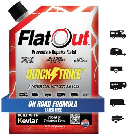 Flat Out QuickStrike Tire Sealant - Prevent Flat Tires, Seal Leaks, Contains Kevlar (1 Pack - 32 Fl Oz, On Road Formula)