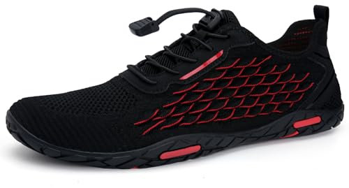 Strandschuhe Damen Herren Wasserschuhe Badeschuhe Unisex Atmungsaktiv Leicht Barfußschuhe rutschfeste für Schwimmen Tauchen (57 Schwarz Rot, 43EU)