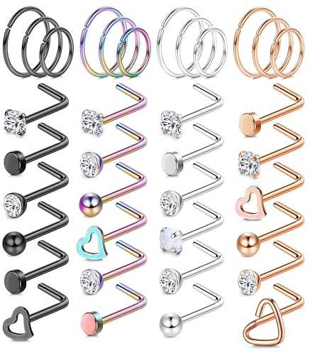 Chriscoco 36Pcs 18G 20G Nasenpiercing Chirurgenstahl Nasenpiercing Ring Nostril Piercing Zirconia Opal Nasenringe Silber Nasenstecker Nasenpiercing Stecker Schmuck für Damen Herren