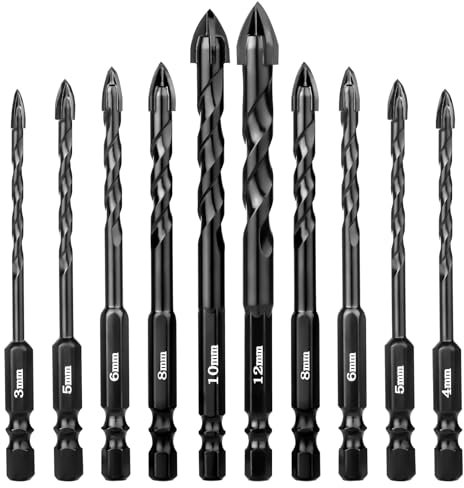 UBESTHS Juego de brocas para azulejos, 10 piezas, para cristal, piedras, brocas con vástago hexagonal, broca universal para metal, ladrillo, vidrio, plástico y madera