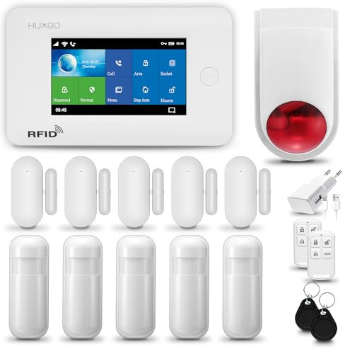 HUXGO® HXA006 Alarmanlage Haus WiFi + GSM mit Funk Sirene | Alarmanlage Wohnung mit App. TUYA | Alarm System mit 5X Bewegungsmelder, 5X Tür- Fenstersensor| Wohnmobil Alarmanlage