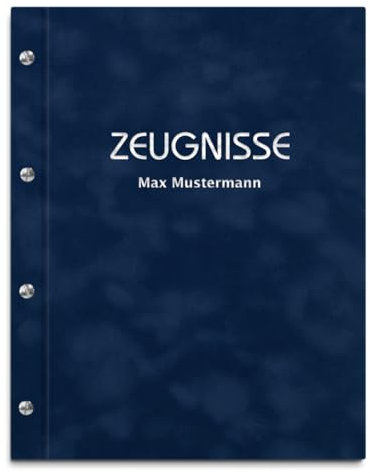 Personalisierte Zeugnismappe mit eigenem Namen in blauer Samtoptik – inkl. 12 Sichthüllen – Handgefertigte Mappe für Zeugnisse und Urkunden