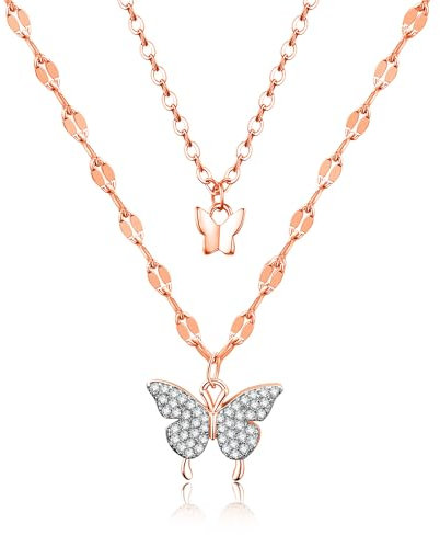 XOEMEL Schmetterlinge Layering Kette Damen Halskette Damen Kette Silber 926 mit Anhänger Hypoallergene Silberkette Damen Schmuck Geschenke für Frauen