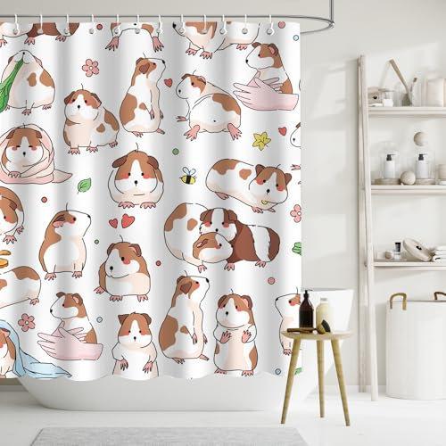 APROPHIC Rideau de Douche 180 x 180 Mignon de Rideau Salle de Bain Cochon D’Inde Rideau de Douche en Tissu Cartoon pour Enfant Rideau de Baignoire Lavable Décor de Salle de Bain Brun et Blanc