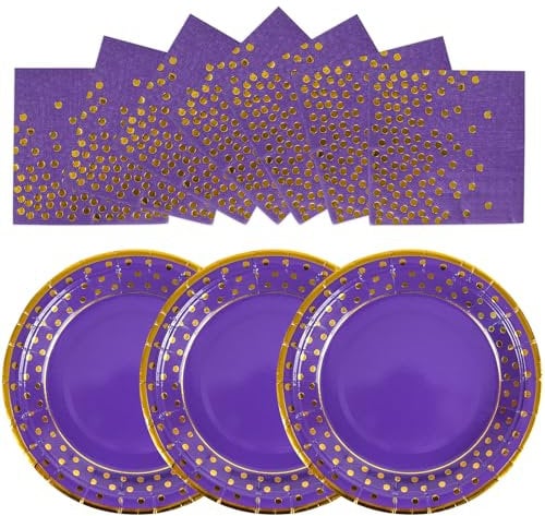 LDFDRT 50 Pack Paper Plates and Napkins 25 * 7inch Party Dessert Plates & 25 * 6.5inch Napkins Birthday Decorations Baby Showers and Wedding Party Supplies (PURPLE GOLD)