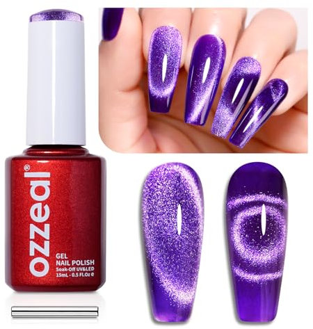 Ozzeal Smalto Semipermanente Unghie Magnetico, 15ml Viola Scuro Cat Eye Gel Nail Polish Primavera Estate Occhi Di Gatto Smalti Semipermanenti Per Unghie Diamond Glitter Smalto Gel Unghie