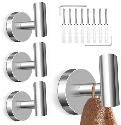 wiipara 4 Stk. Handtuchhaken zum Bohren, Stilvolle Kleiderhaken Edelstahl Garderobenhaken, Handtuchhalter Rostfrei Badezimmer Haken Wandhaken - Tragkraft bis zu 10kg, Ideal für Bad Küche (Glänzend)