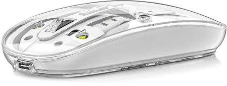 Uiosmuph M133 Mouse Wireless Ricaricabile, Bluetooth, Tre Modalità (BT 5.1/5.1+2.4G) Con Ricevitore USB e Tipo-C, Trasparente, Livello Della Batteria Visibile, Senza Fili, Bianco