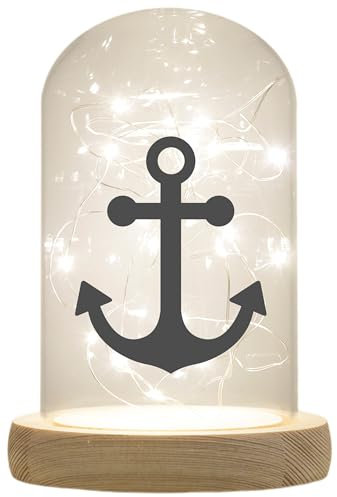 WB wohn trends LED-Glaskuppel, Anker, 16,5x11cm, Glasglocke mit LED-Licht und Holz-Fuß LED-Laterne LED-Lampe mit Text Spruch