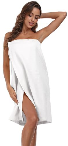 goodmansam Waffelpique Saunakilt Saunatuch Damen Sauna Frottee Bademantel Schnelltrocknend Badeponcho mit praktischem Schnellverschluss Klettverschluss, Weiß
