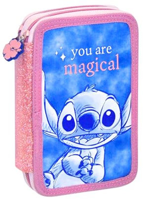 Disney Stitch Etui Schreibwaren Set, Inklusive Bleistift, Lineal, Kugelschreiber, Radiergummi, Anspitzer, 9 Buntstifte, 18 Marker, Doppel Federmäppchen, Schulset für Mädchen
