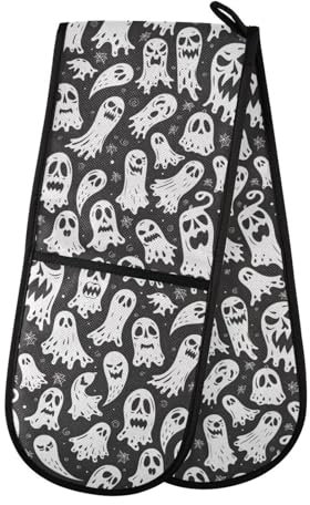 Double Oven Gloves Halloween Ghost Heat Resistant Pot Holder Oven Mitt Gloves for BBQ Cooking Baking Grilling Microwave