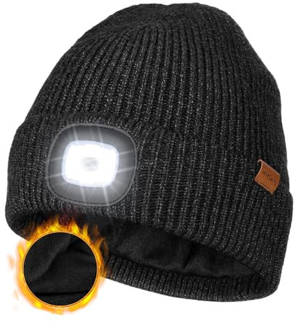 Wmcaps Mütze mit LED Licht, Wintermütze mit Dickem Warmen Futter, Integrierte Beleuchtete Type-C Wiederaufladbare Freisprech-Stirnlampe, Geschenke für Männer Frauen, Dunkelgrau
