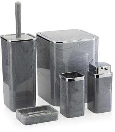HowHomely Set Klobürste schwarz grau Marmor-Optik Badezimmer Mülleimer | Mülleimer Bad und Toilettenbürste grau | Badmülleimer und Toilet Brush | Elegante Bathroom Accessories