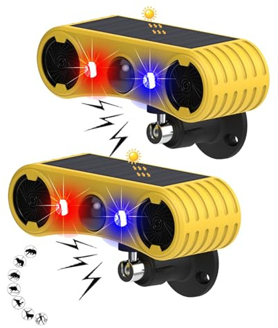 Solar-Bewegungsmelder-Alarm für den Außenbereich, 2 x 130 dB, Hochfrequenz-Ultraschall-Sirene mit 4 einstellbaren Modi, rotes und blaues Stroboskoplicht, geeignet für Häuser, Obstgärten, Gebäude
