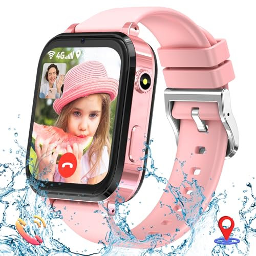 Smartwatch Kinder, 4G Kinder Smartwatch mit GPS und Telefon, Kinderuhr zum Telefonieren mit WiFi, SOS, Wecker, Schulmodus, Wasserdicht, Geschenke für Jungen Mädchen, Kinderuhr Mädchen (Rosa)