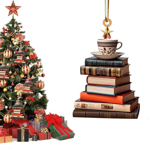 Weihnachtsbaum-förmiger Bücherregal-Anhänger, hängende Weihnachts-Buch-Baum-Ornamente, 2D-Acryl-Bibliotheks-Bücherregal-Dekoration-Ornamente für Weihnachtsbaum