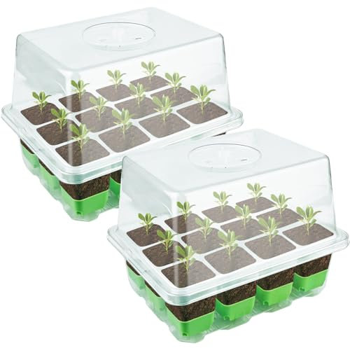 Lot de 2 serres d'intérieur réutilisables avec 12 trous de plantation et 1 couvercle surélevé pour plantes, herbes, fleurs, légumes et fruits